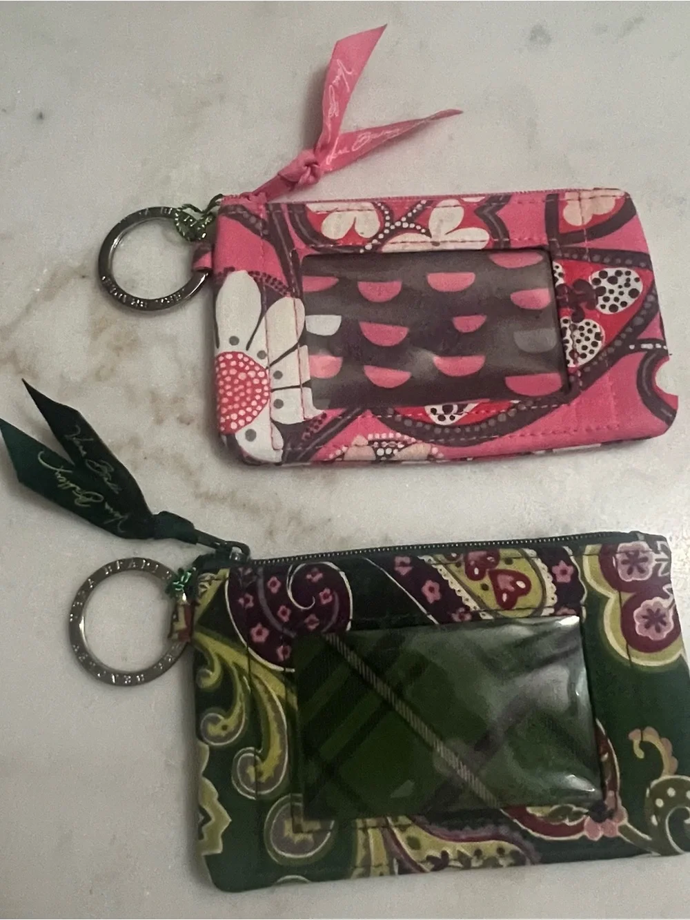 2 Vera Bradley Blush Pink And Retired Chelsea Green Paisley  Quilted Zip ID Case
